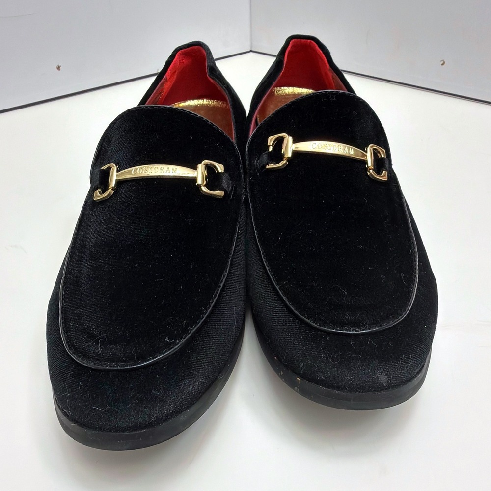 Cosidram Mens Black Velvet Bit Loafers Gold Horsebit Slip On Dress Shoes Size 46